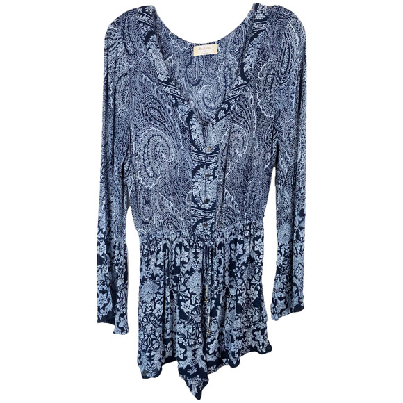 Altard State Small Romper Blue Floral Long Sleeve Shorts Drawstring V Neck 261 - Picture 1 of 7